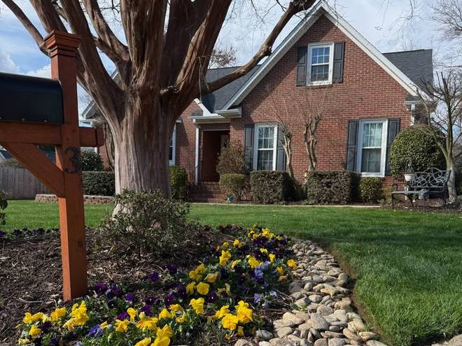 A mailbox bed planted with yellow and purple annuals and a stone border.