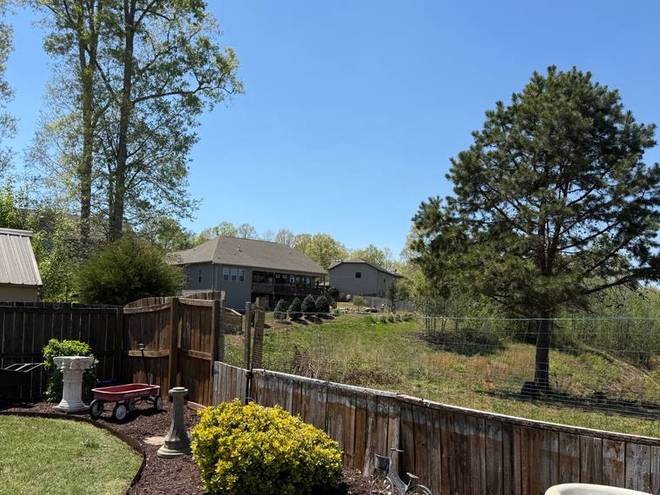 A curved mulch bed cut into a back lawn with new shrubs.