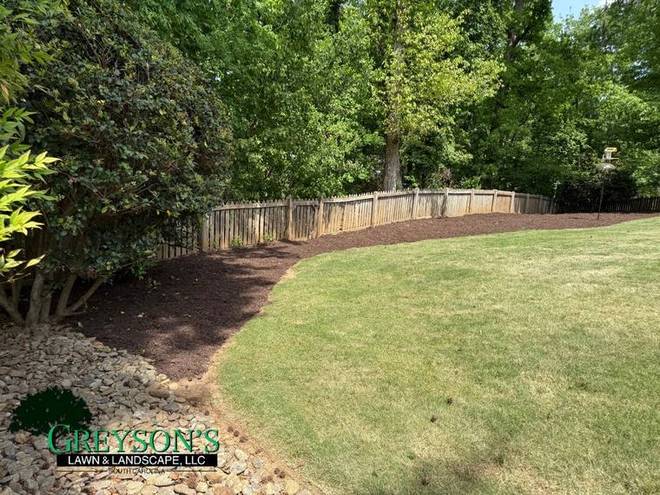 A bed edge cut cleanly between mulch and turf.