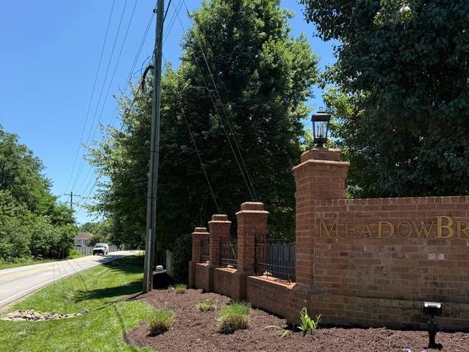 An entrance island planted with annuals beside a neighbourhood road.