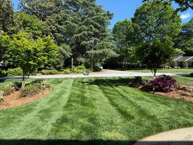 A residential lawn with mowing stripes running to the kerb.