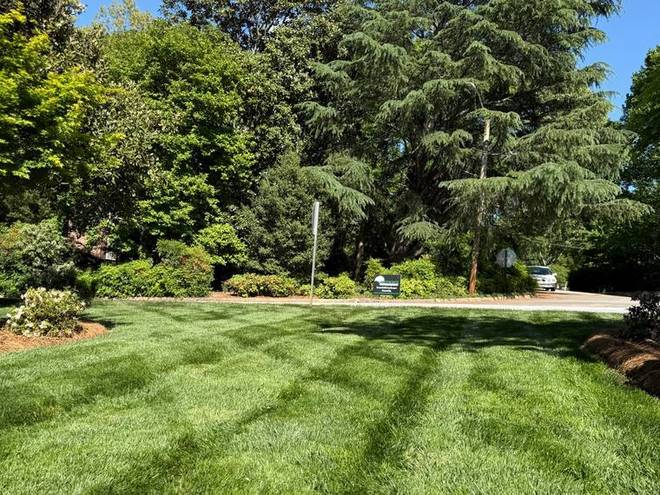 A cut and edged lawn beside a landscaped bed.
