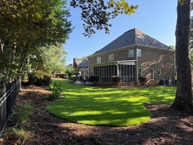 A lush back lawn bordered by mature planting and tree cover.