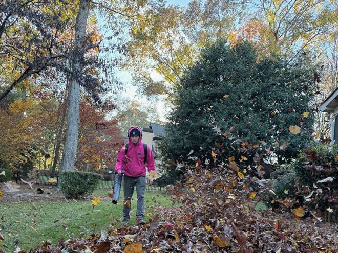 A crew member working through deep autumn leaf cover.