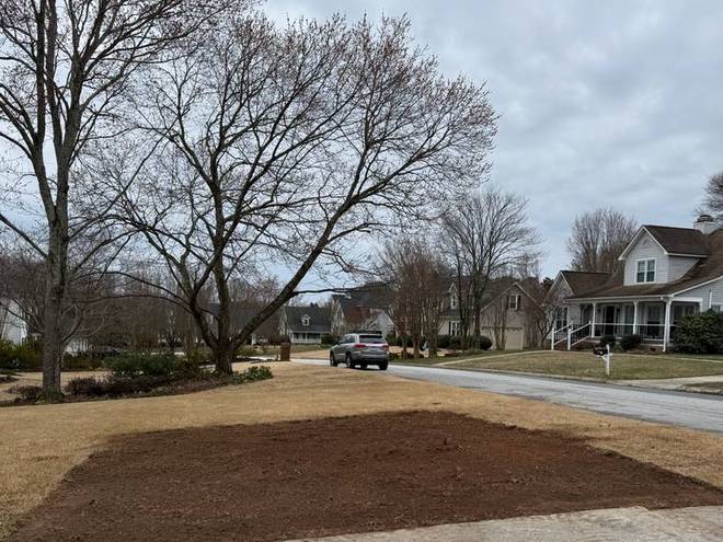 A yard graded to bare soil and prepared for new sod.
