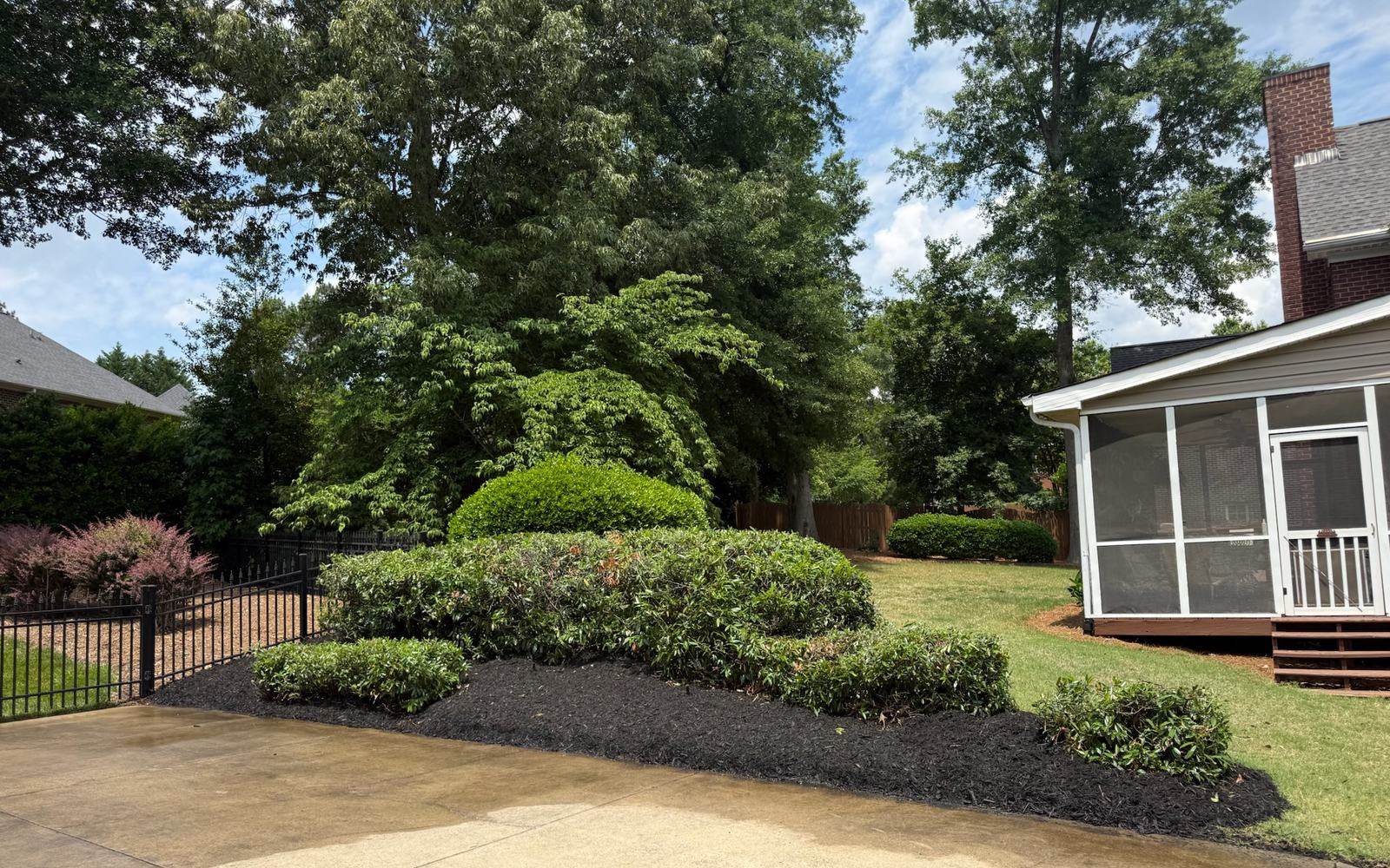 Sculpted shrubs and dark mulch beds with a clean cut edge at a brick home.