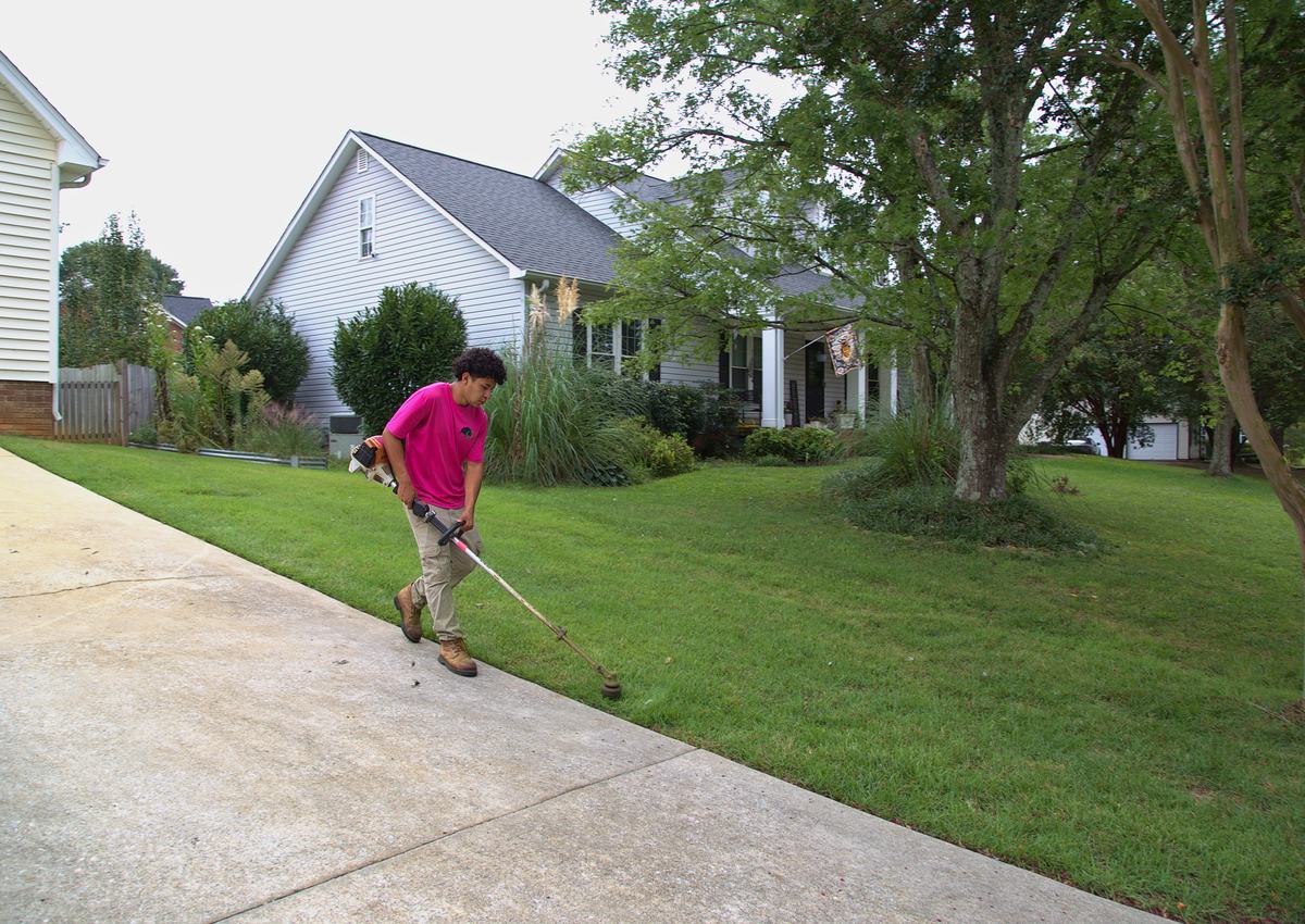 Edging along a sidewalk with a string trimmer.
