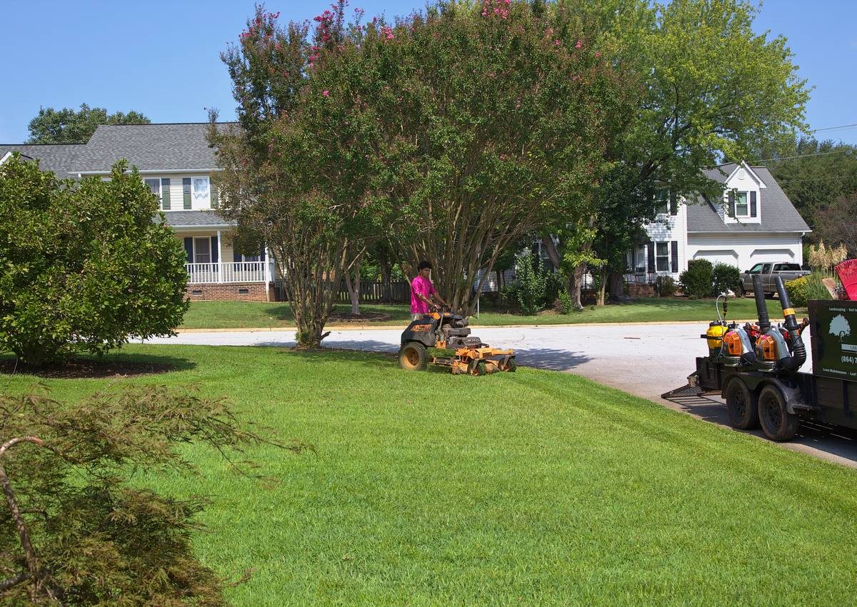 A crew member mowing a sunny front lawn.