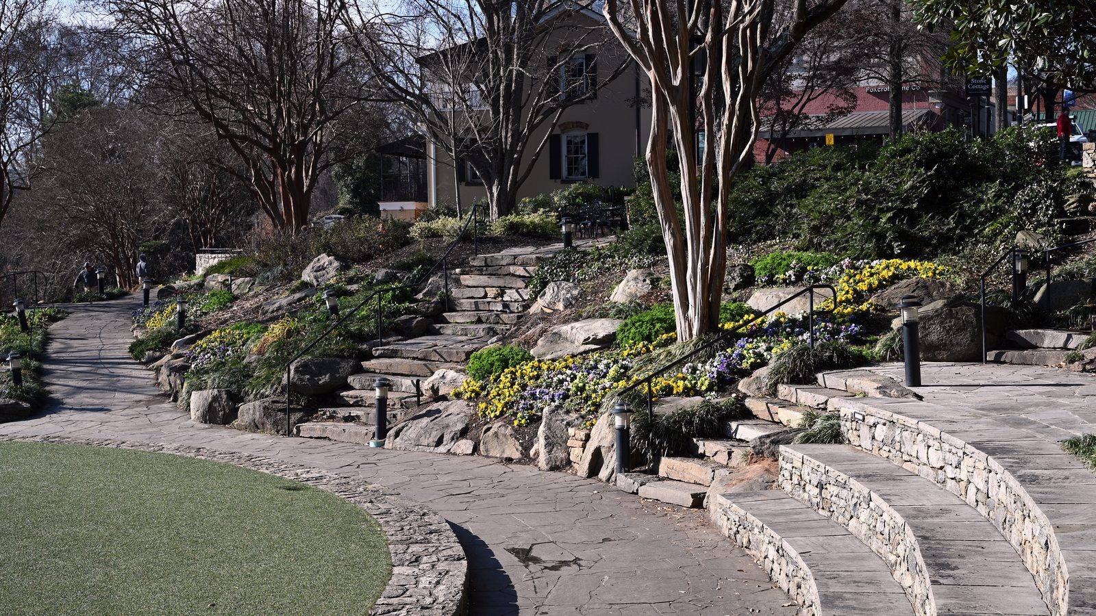 The terraced gardens and stone pathways of Falls Park on the Reedy in downtown Greenville, South Carolina.